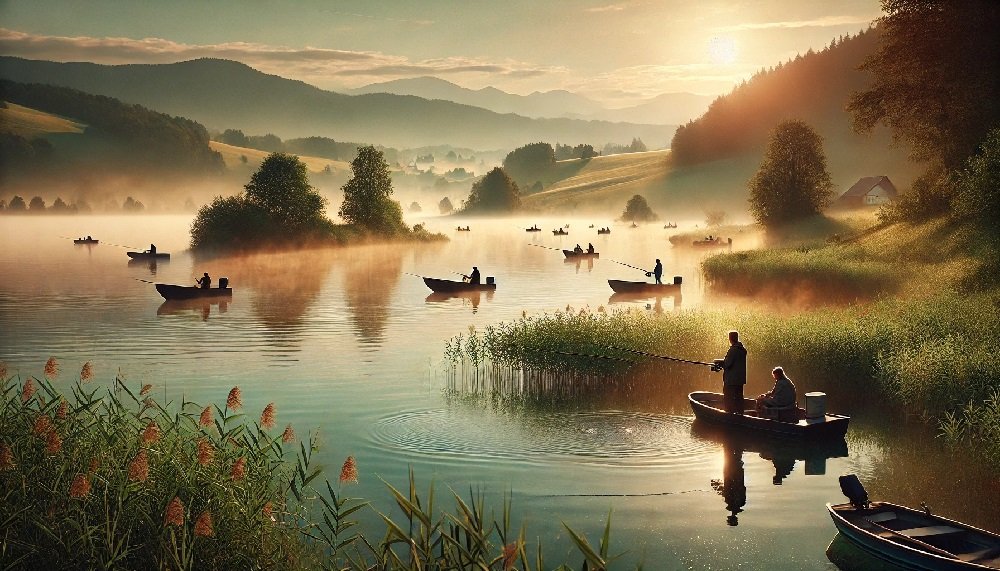 A peaceful morning at Lake Constance, Germany, with anglers casting their lines. good fishing spot in fisch