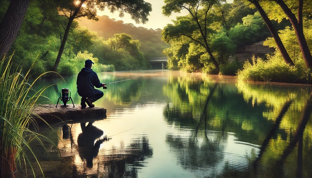 Fishing at McKinney Falls State Park, surrounded by scenic waterfalls and clear waters."