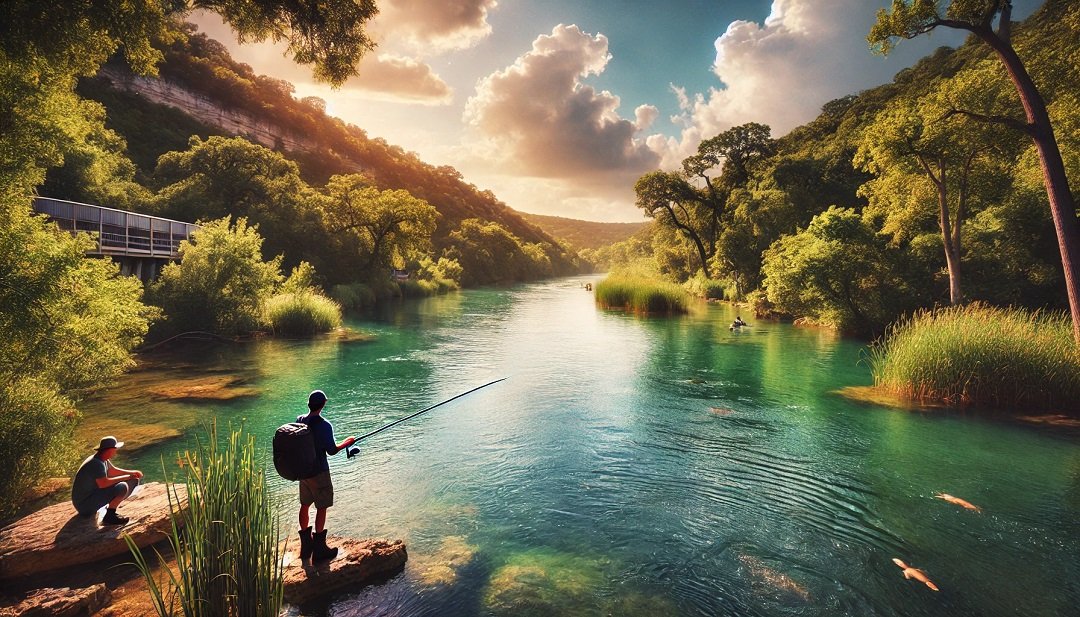 Fishing along Walnut Creek in the heart of Austin, Texas, with calm waters and surrounding trees."

