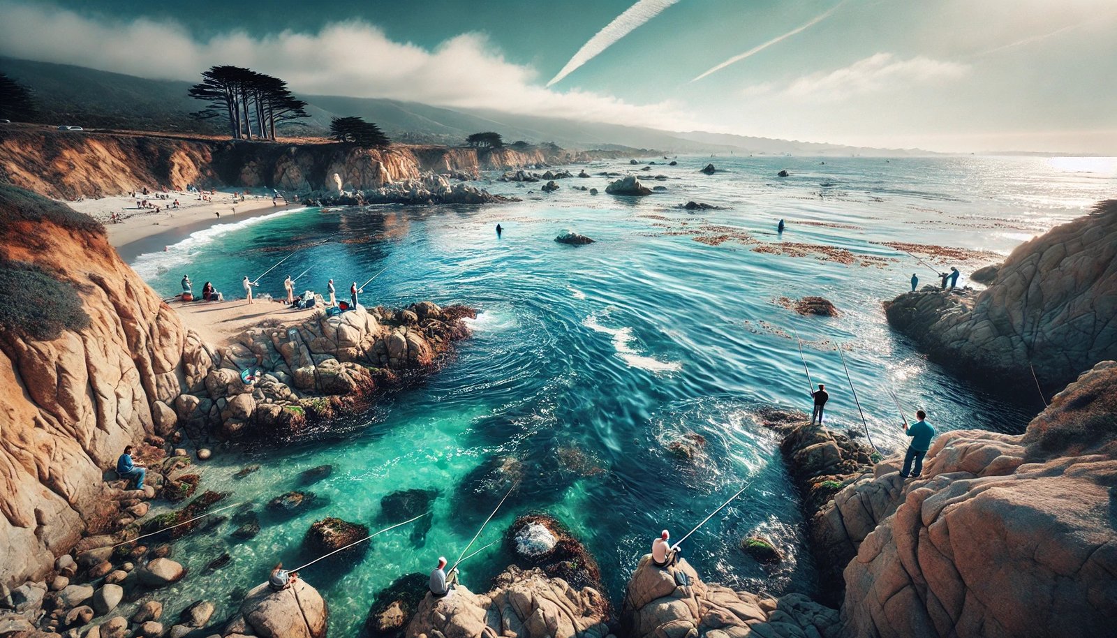 Monterey Bay, the best striper fishing spot in Cali, with stunning coastal views and anglers fishing