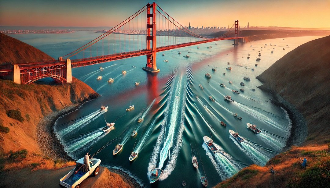 Clear Lake, a popular striper fishing spot in California, with anglers fishing at sunset