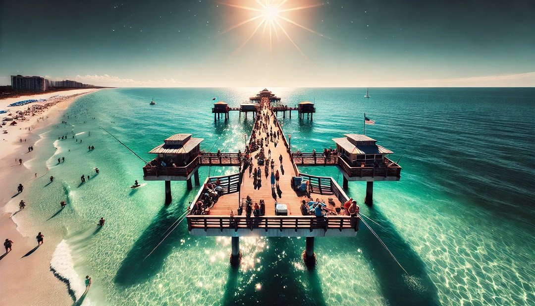 Clearwater Beach Pier, one of the top fishing spots in Florida, known for its snook, redfish, and grouper catches.
