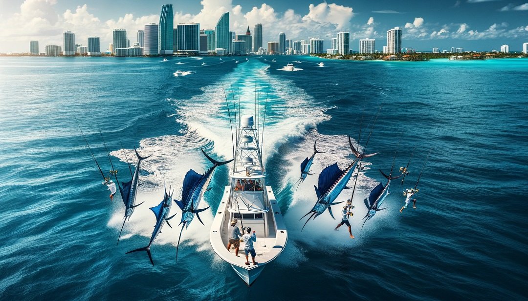 Deep-sea fishing in Miami, one of Florida’s best saltwater fishing spots, famous for sailfish, marlin, and tarpon.
