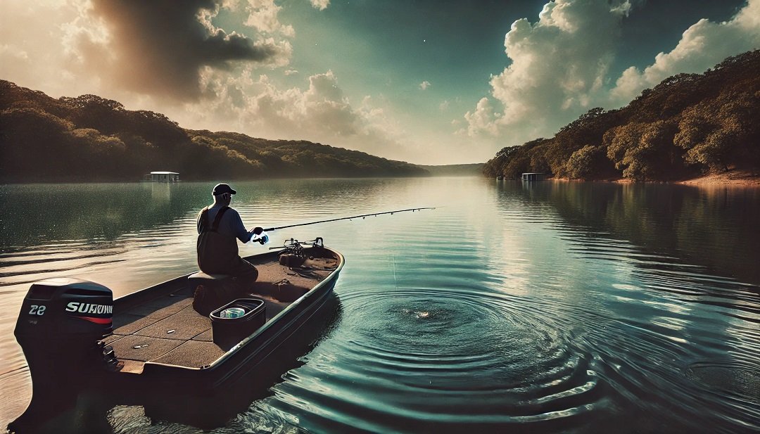 Angler fishing from a boat on Braunig Lake in San Antonio, Texas, a popular spot for bass and catfish fishing. good fishing spot in San Antonio
