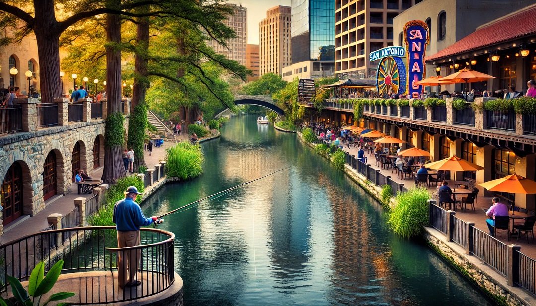 Fishing along the San Antonio River Walk, where urban culture meets tranquil fishing opportunities.
