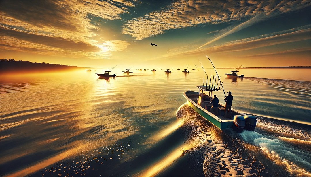 An image of fishermen on a boat casting their lines into the calm waters of Chesapeake Bay at sunrise. The morning fog is lifting, showcasing the serenity and vastness of the bay, offering a glimpse of the prime fishing spot known for striped bass, bluefish, and more.
