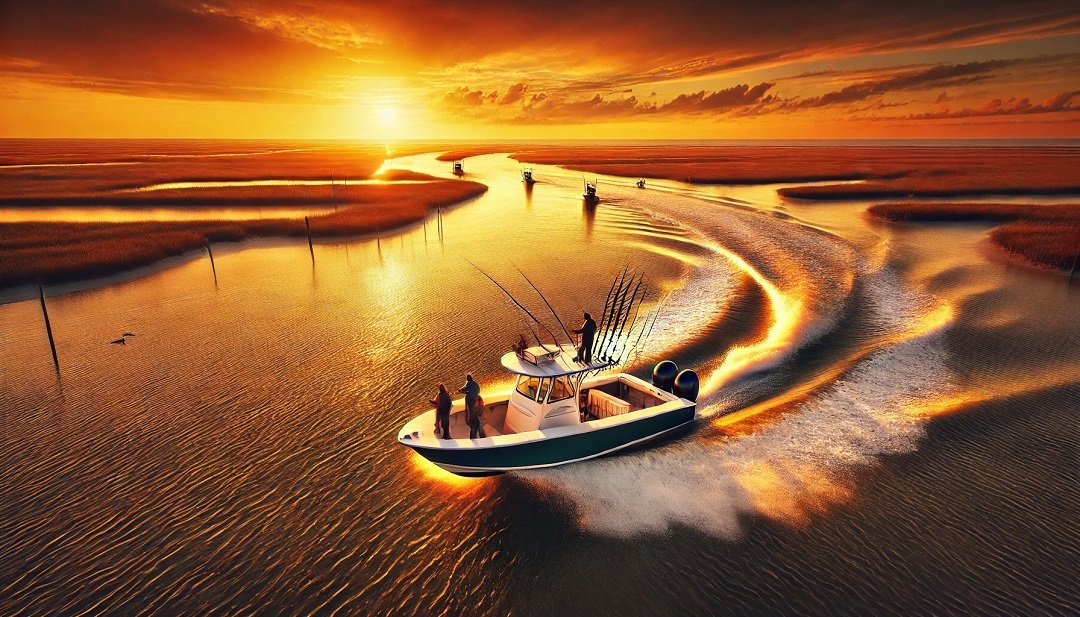 A stunning image of a fishing boat navigating through the calm waters of Galveston Bay during the golden hour, with the sun setting in the background. The bay is known for its rich diversity of saltwater species, including redfish, flounder, and speckled trout, making it a favorite for anglers in the Houston area. Buffalo Bayou
